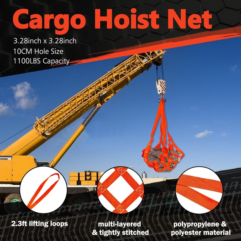 FITHOIST Cargo Lifting Net 1100LBS, 3.28'x3.28' Safety Lifting Net Straps for Hoist 10cm Square Mesh, Sling Hoisting Net, Heavy Duty Cargo Net for Construction Moving Towing Hoisting Loading Unloading - Image 2